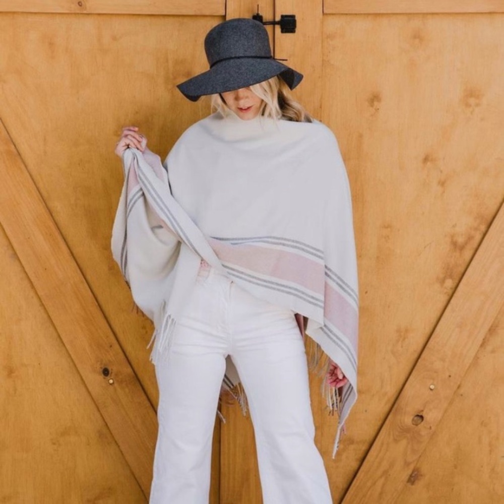Siizu Striped Fringe Soft Poncho Wrap Convertible